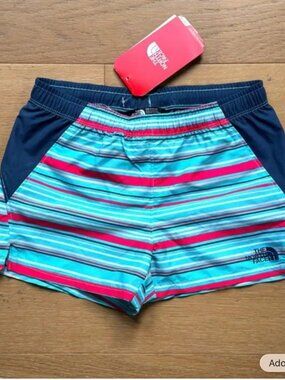 NWT North Face Board Water Shorts Aqua Red Striped Girls Small 6/7 FlashDry
